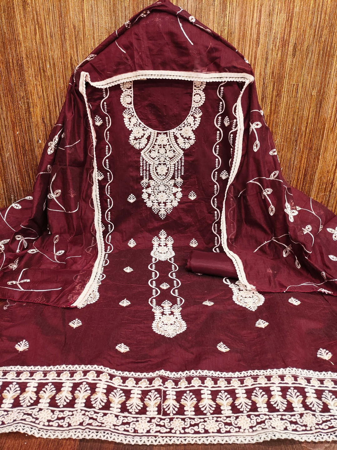 

HERE&NOW Floral Embroidered Unstitched Dress Material, Maroon