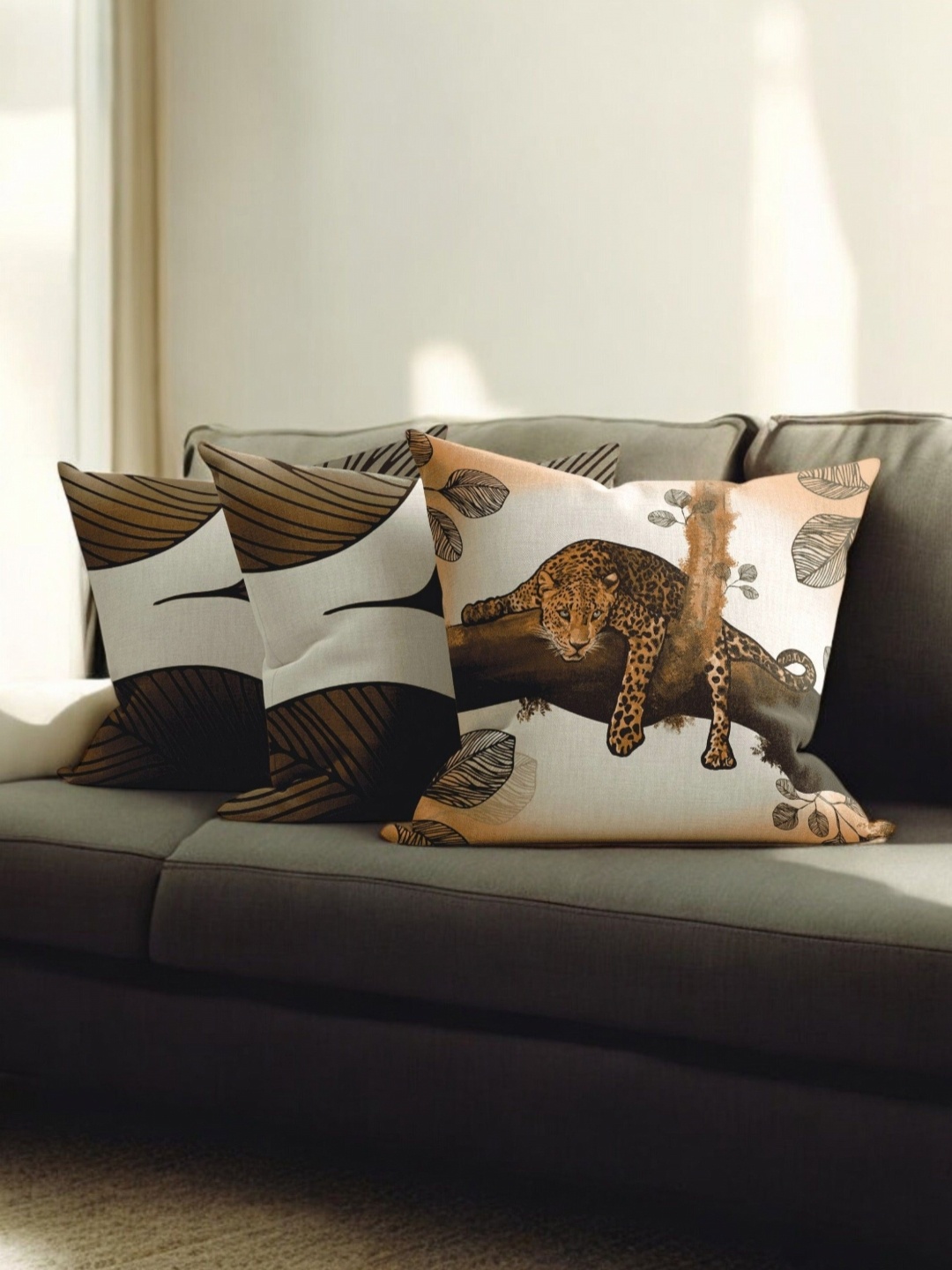 

LUSHLYF Mighty Stare of Jaguar X Leafy Veins Brown 3 Pcs Printed Velvet Cushion Covers, White