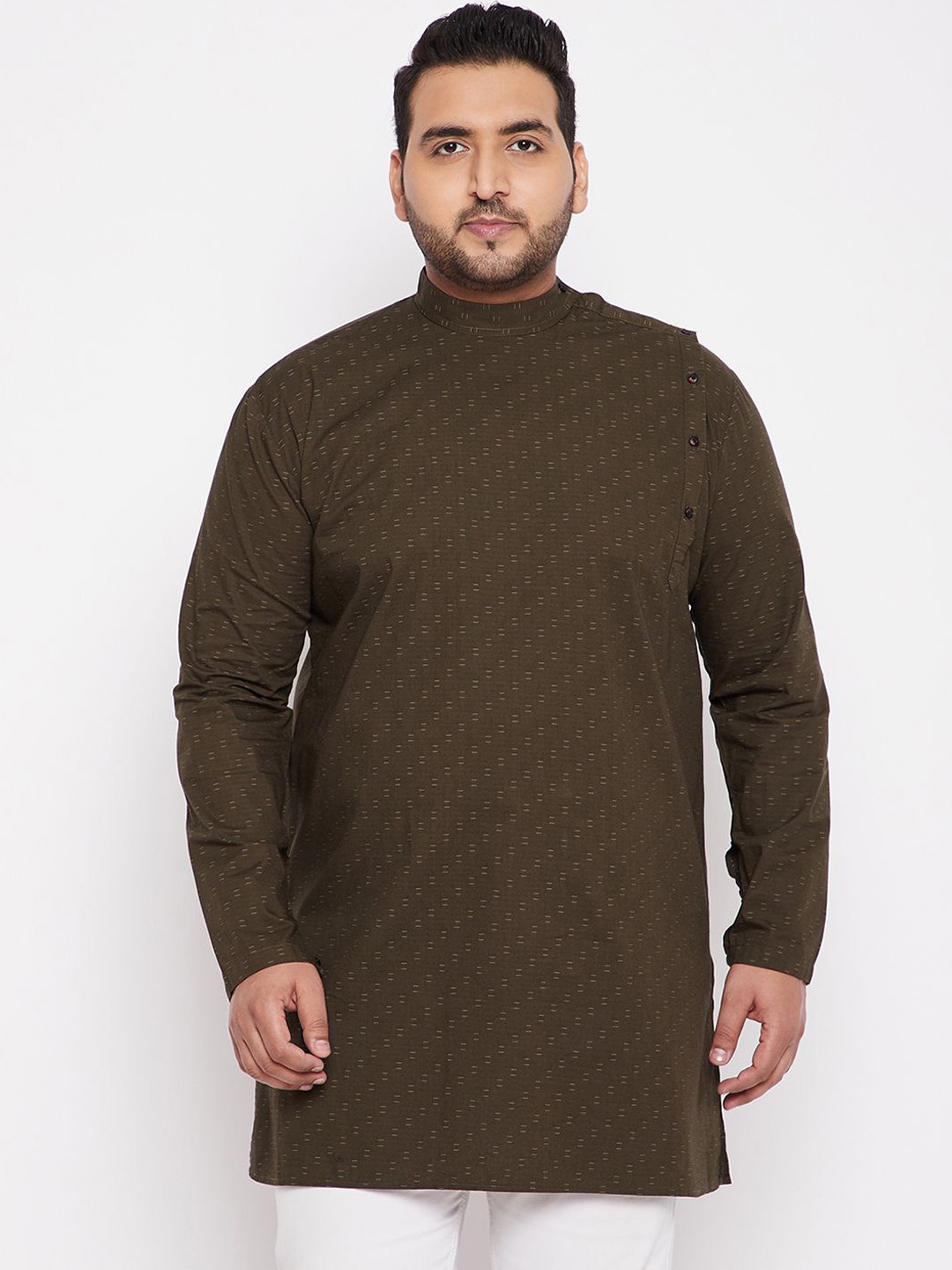 

SHOWOFF Plus Size Geometric Printed Band Collar Straight Short Kurtas, Green