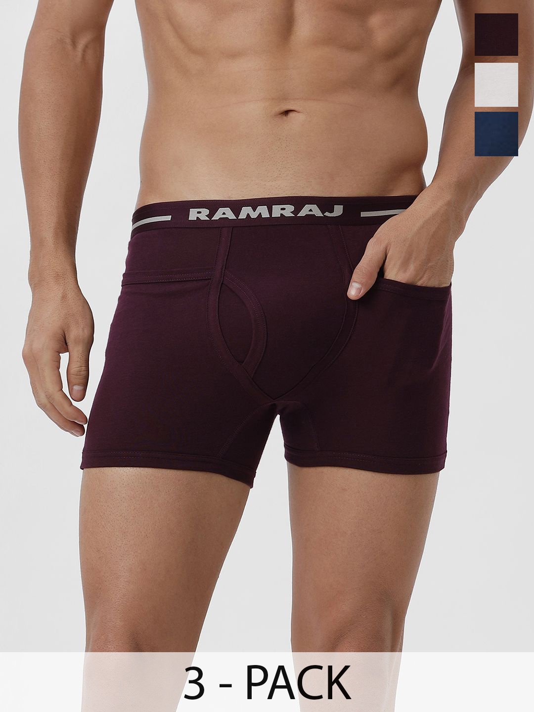 

Ramraj Men Pack of 3 Solid Low Rise Cotton Fine Jersey Target Trunks, Blue