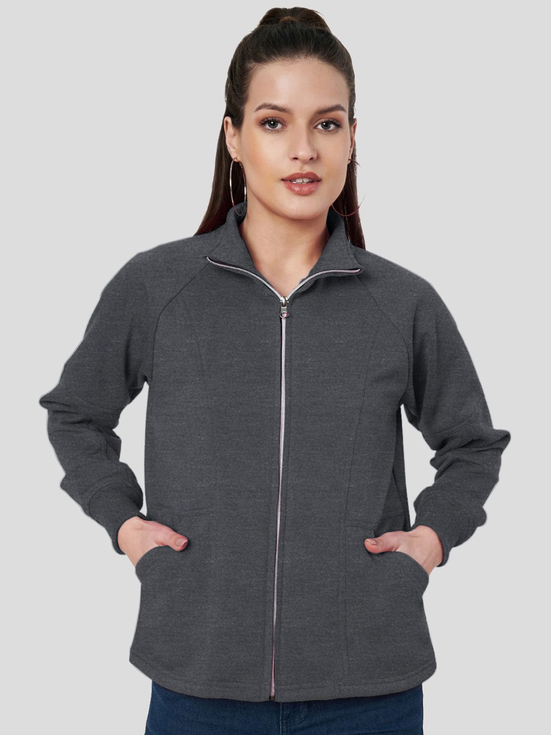 

BRINNS Women Mock Collar Solid Fleece Casual Bomber Jacket, Charcoal
