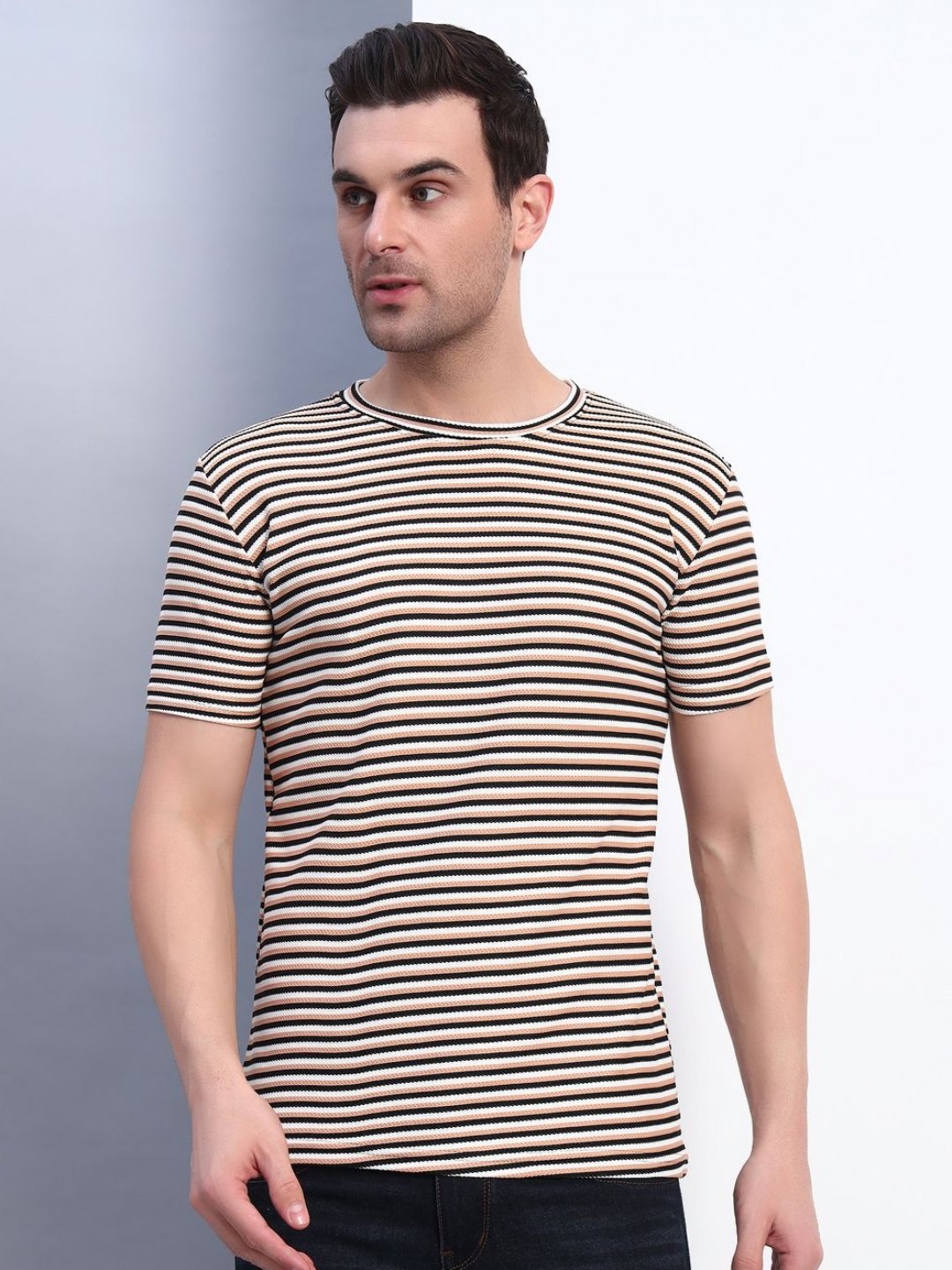 

Metronaut Men Striped Slim Fit T-shirt, Brown