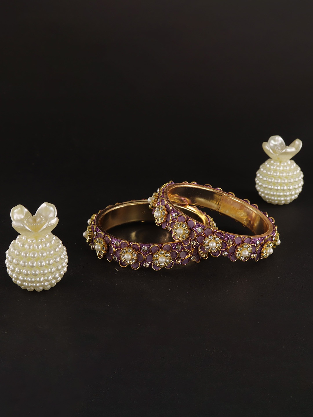 

ZULKA Set Of 2 Cubic Zirconia-Studded & Pearls Beaded Metal Bangles, Gold