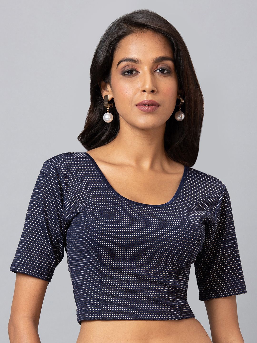 

Mmore Textured Stretchable Saree Round Neck Blouse, Navy blue