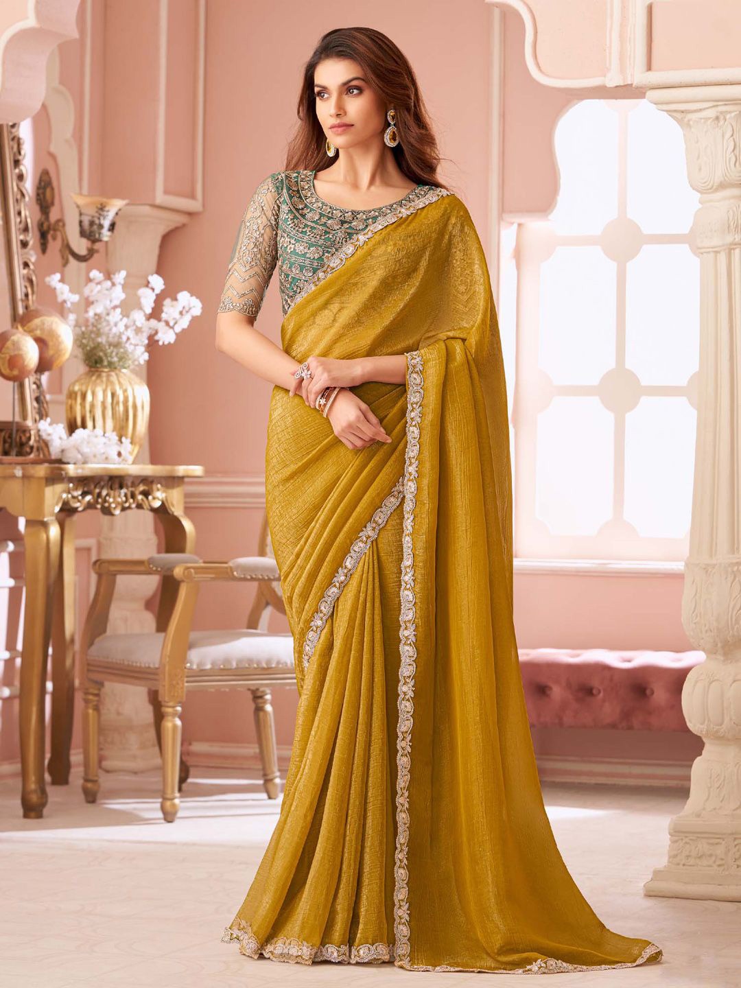 

Mitera Beads and Stones Pure Georgette Saree, Mustard