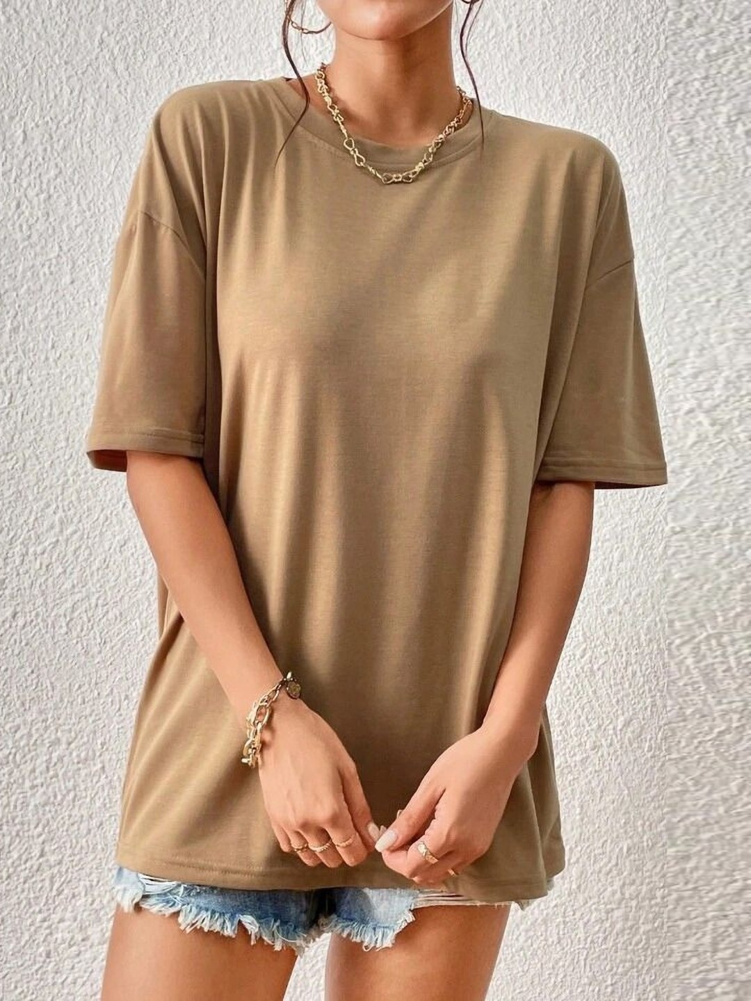 

KASHIAN Women Solid Round Neck Cotton Oversized T-shirt, Beige