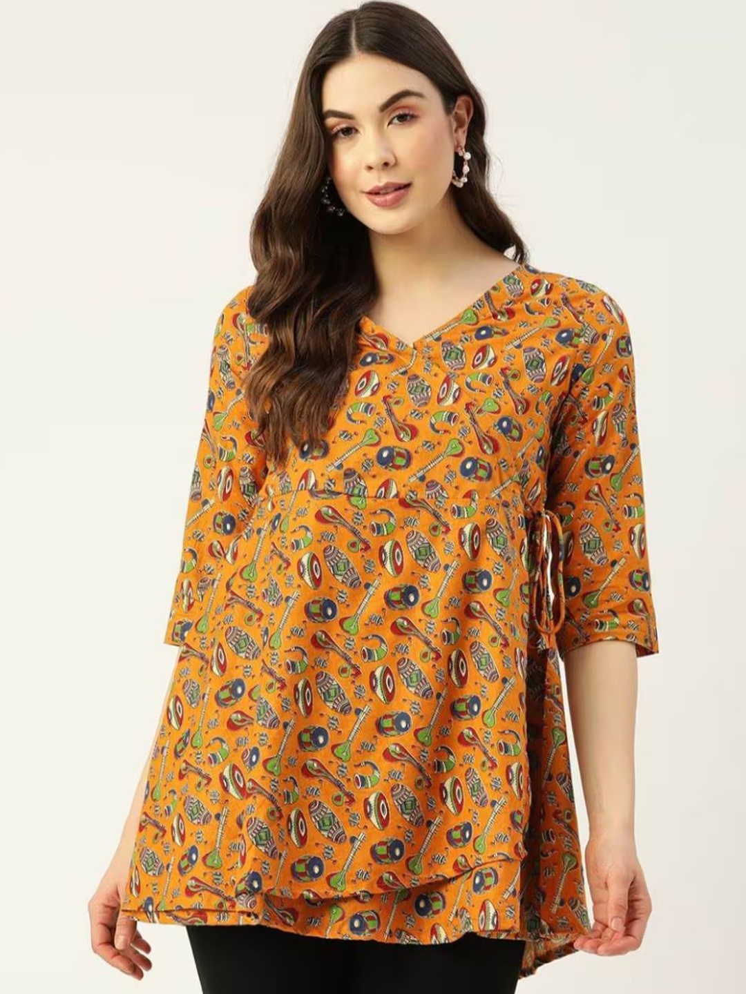 

Rangun Print Wrap V-Neck Three-Quarter Sleeves Top, Mustard