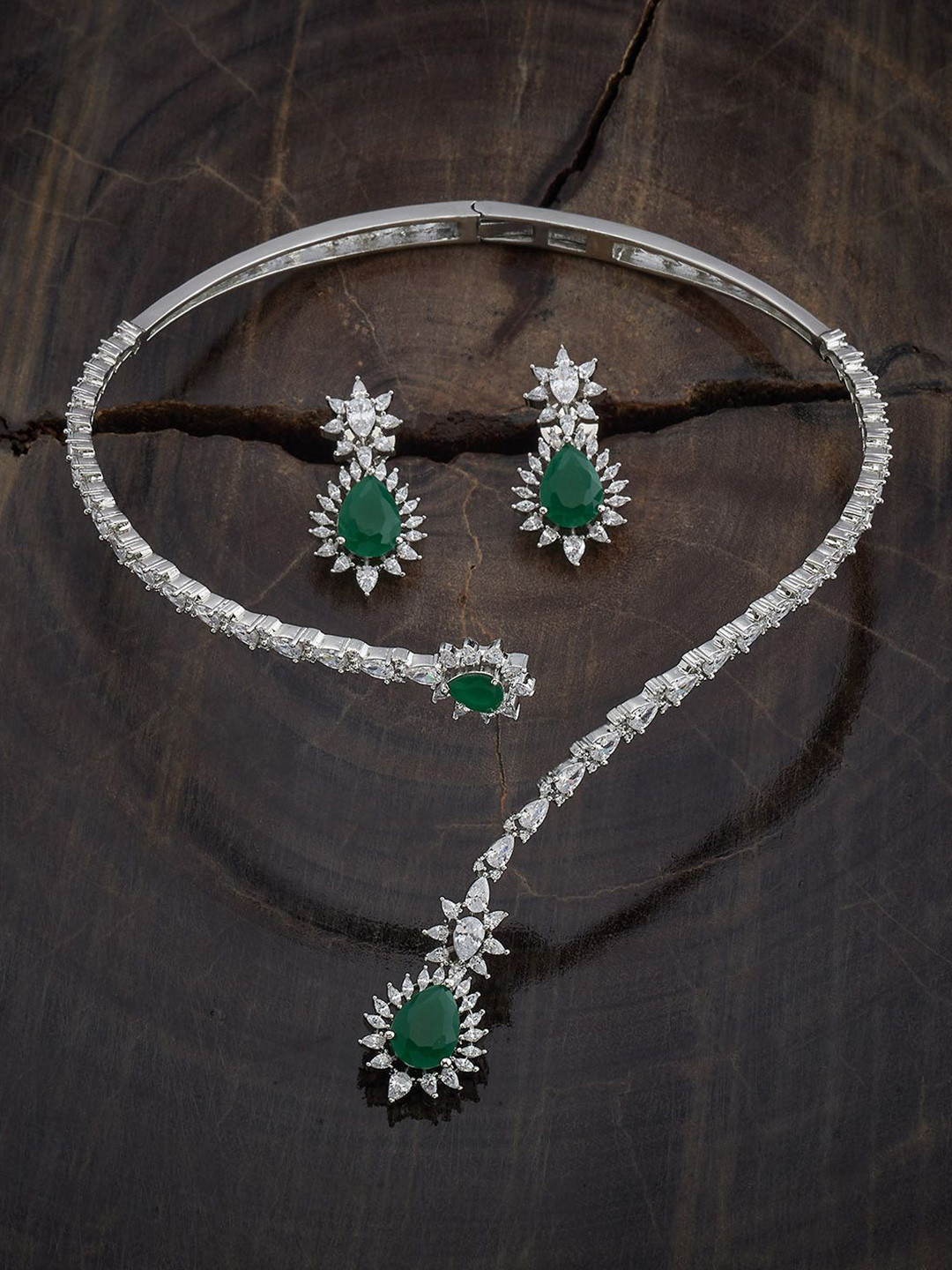 

Kushal's Fashion Jewellery Rhodium-Plated Cubic Zirconia-Studded Necklace & Earrings, Silver