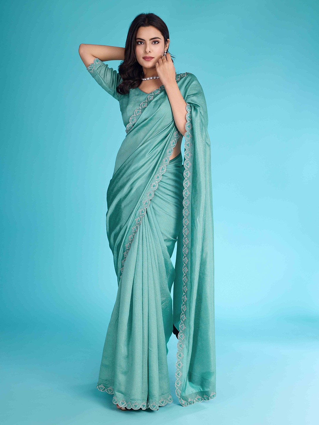 

Blissta Beads and Stones Saree, Turquoise blue