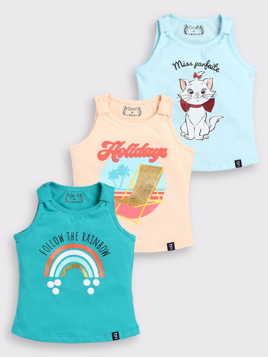 

Ginie Girls Pack Of 3 Printed Cotton Top, Blue