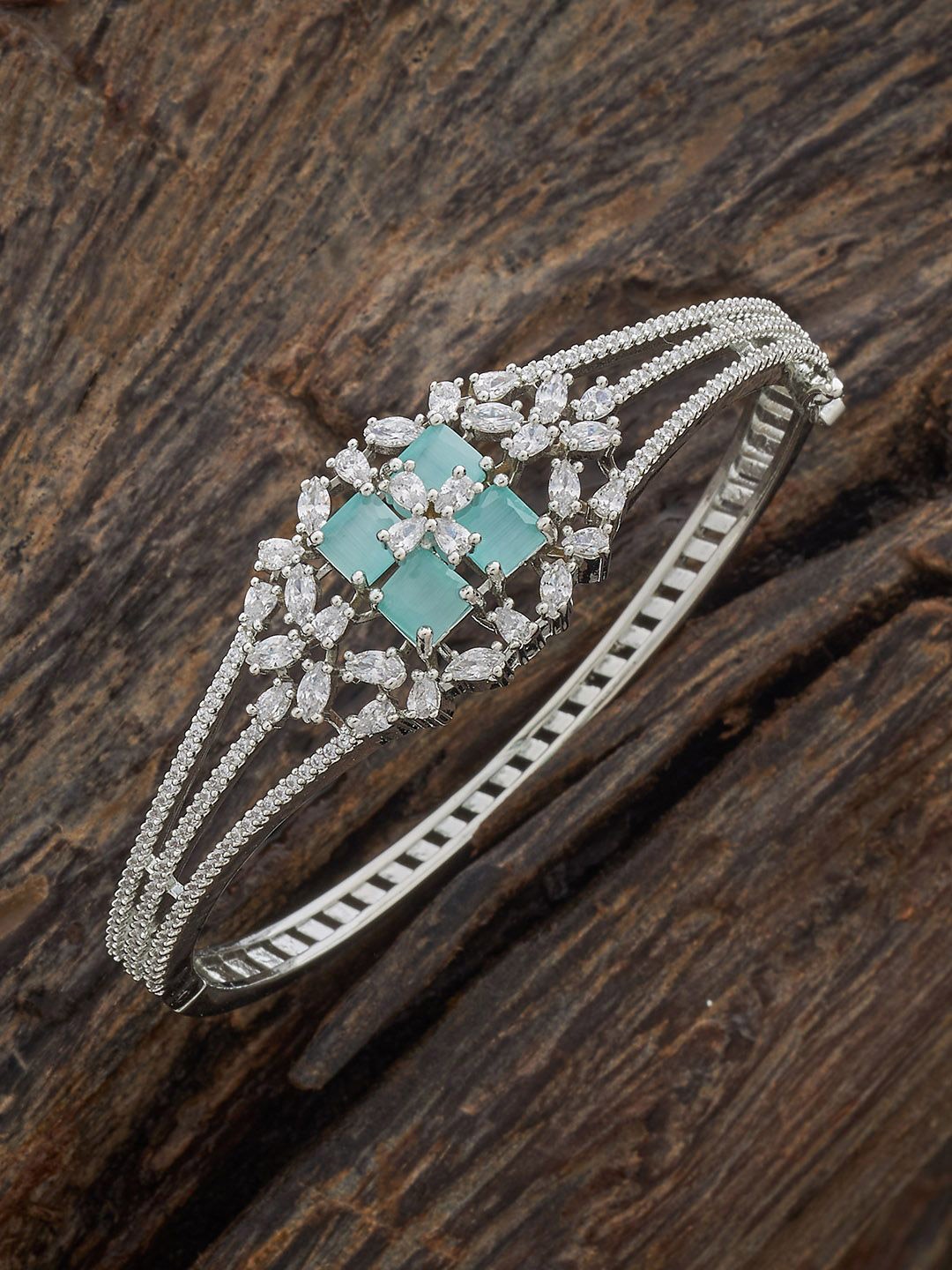 

Kushal's Fashion Jewellery Rhodium-Plated Zircon-Studded Kada Style Bracelet, Silver