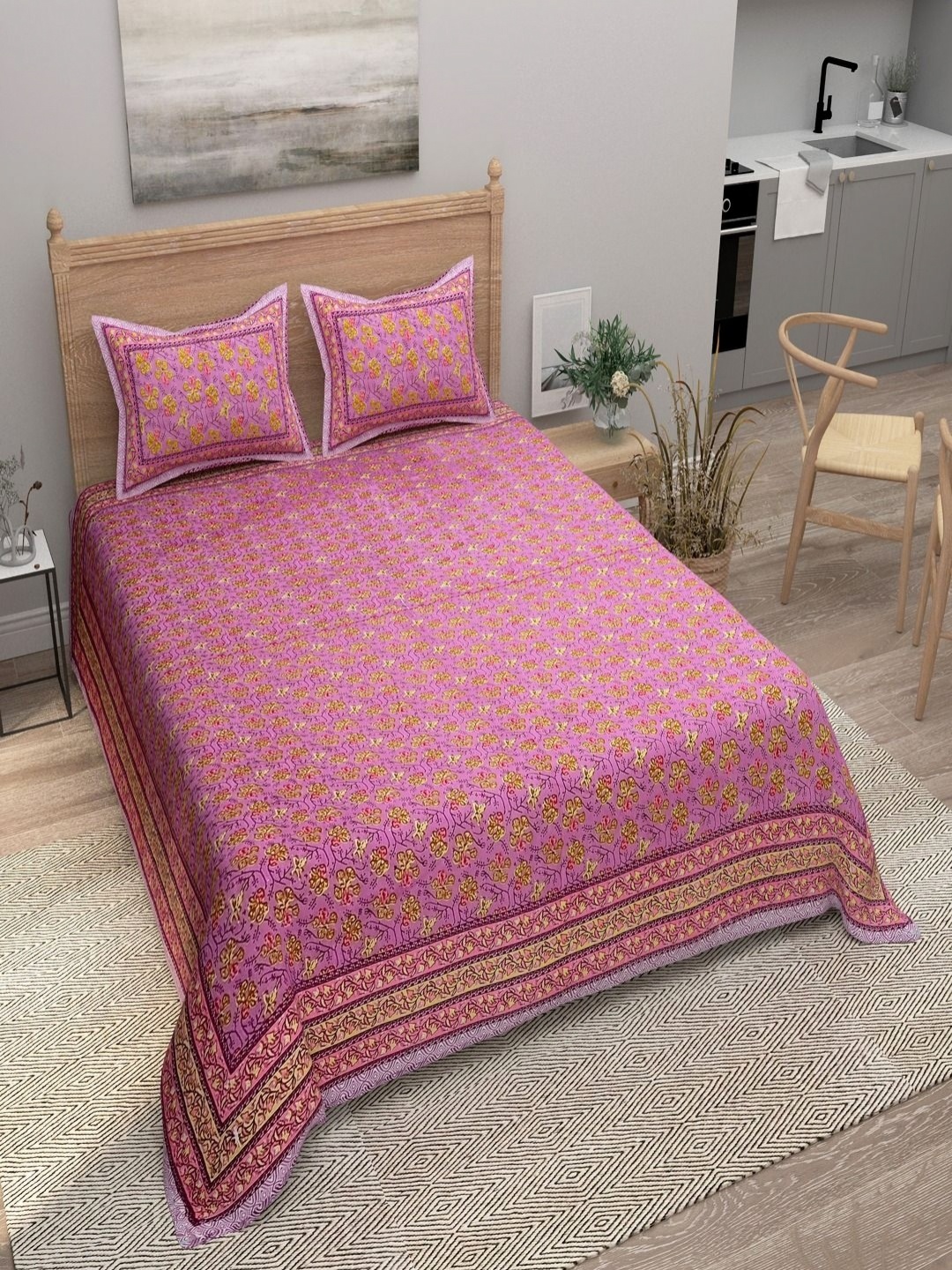 

Myntra Elegant Homes Pink And Yellow Pure Cotton 180 TC Bedsheet Set 2.74 m x 2.54 m