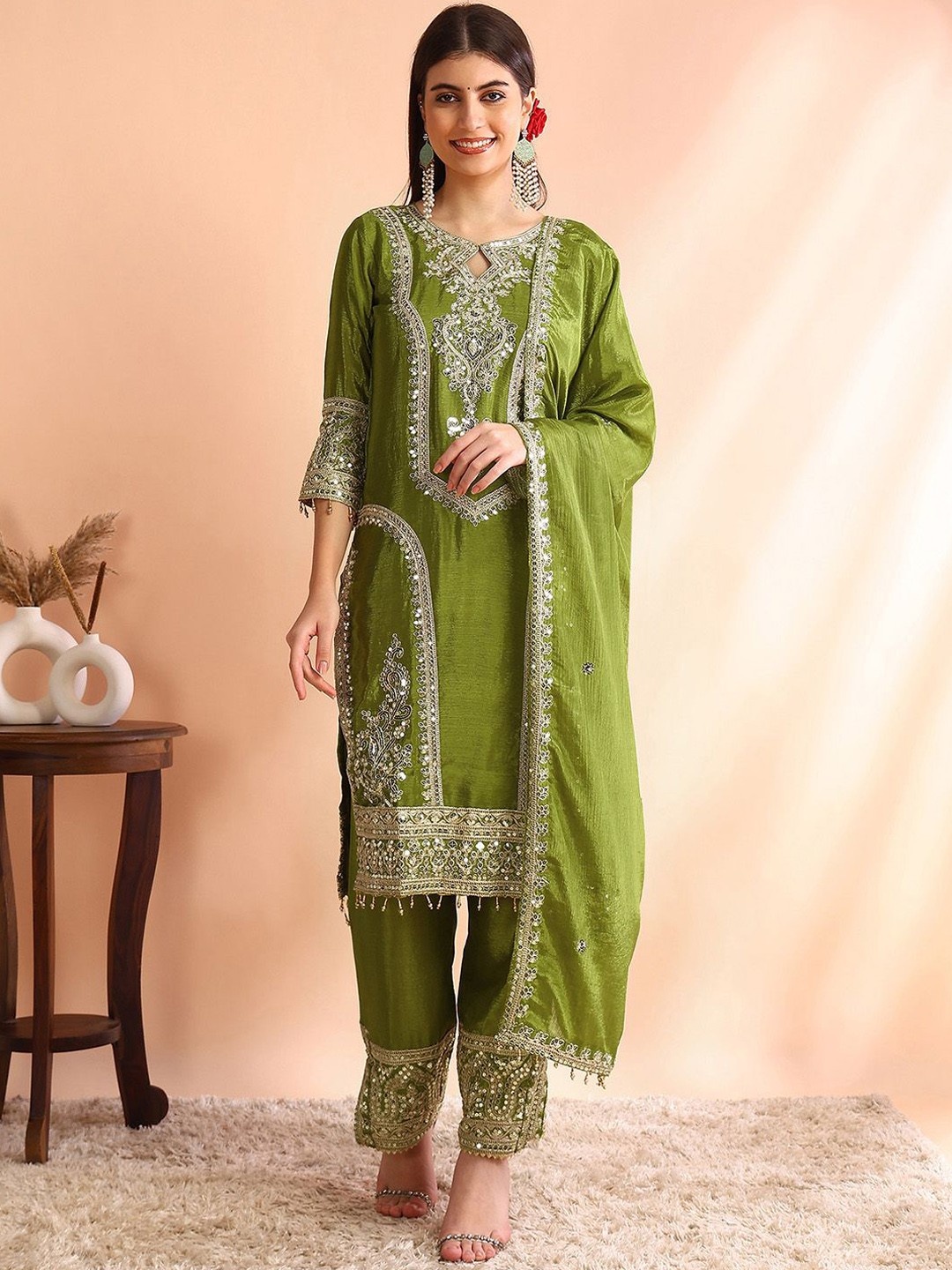 

AKSHARAM Women Floral Embroidered Regular Sequinned Kurta with Trousers & With Dupatta, Green