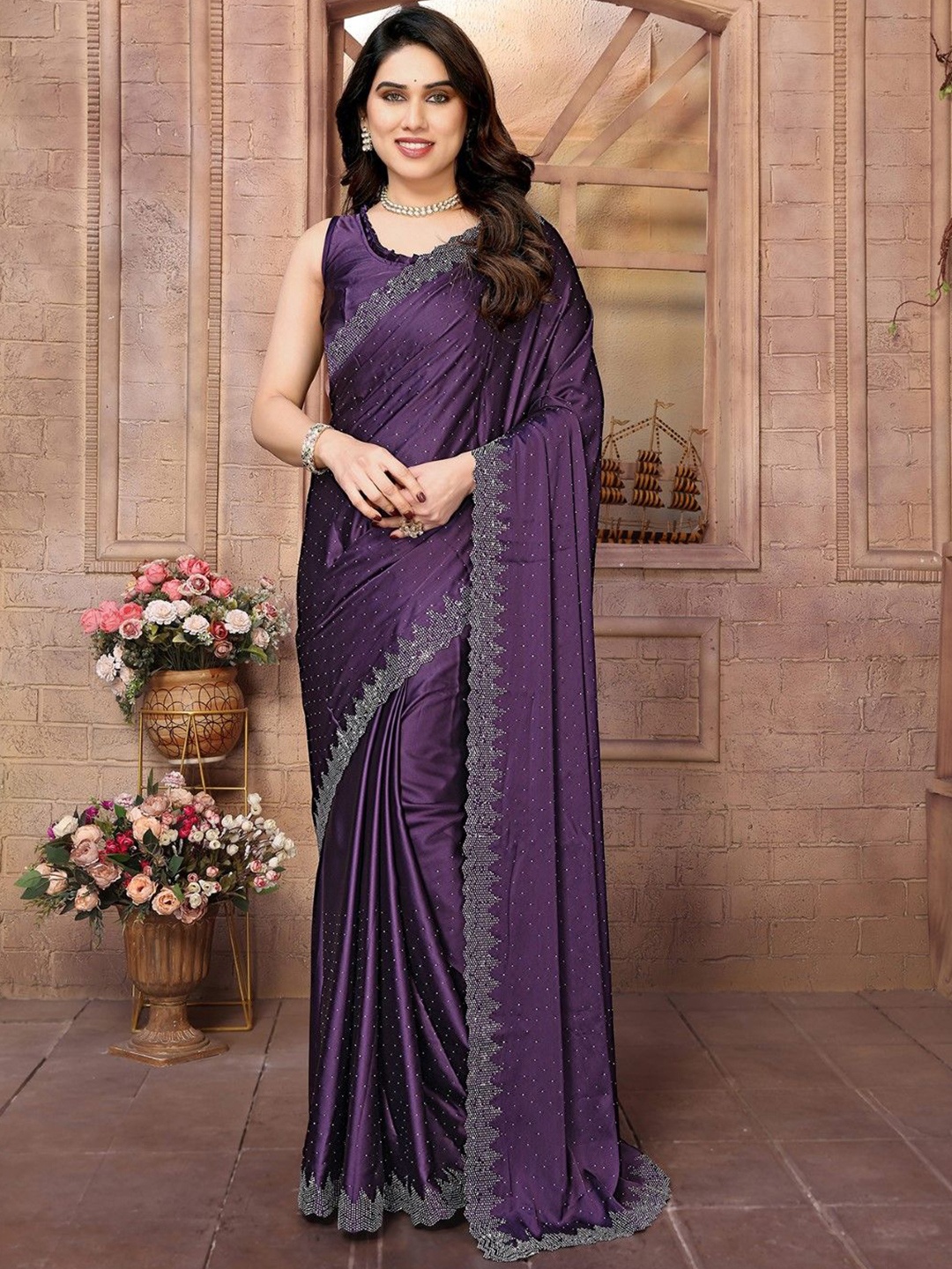 

KALINI Embellished Beads and Stones Satin Saree, Purple