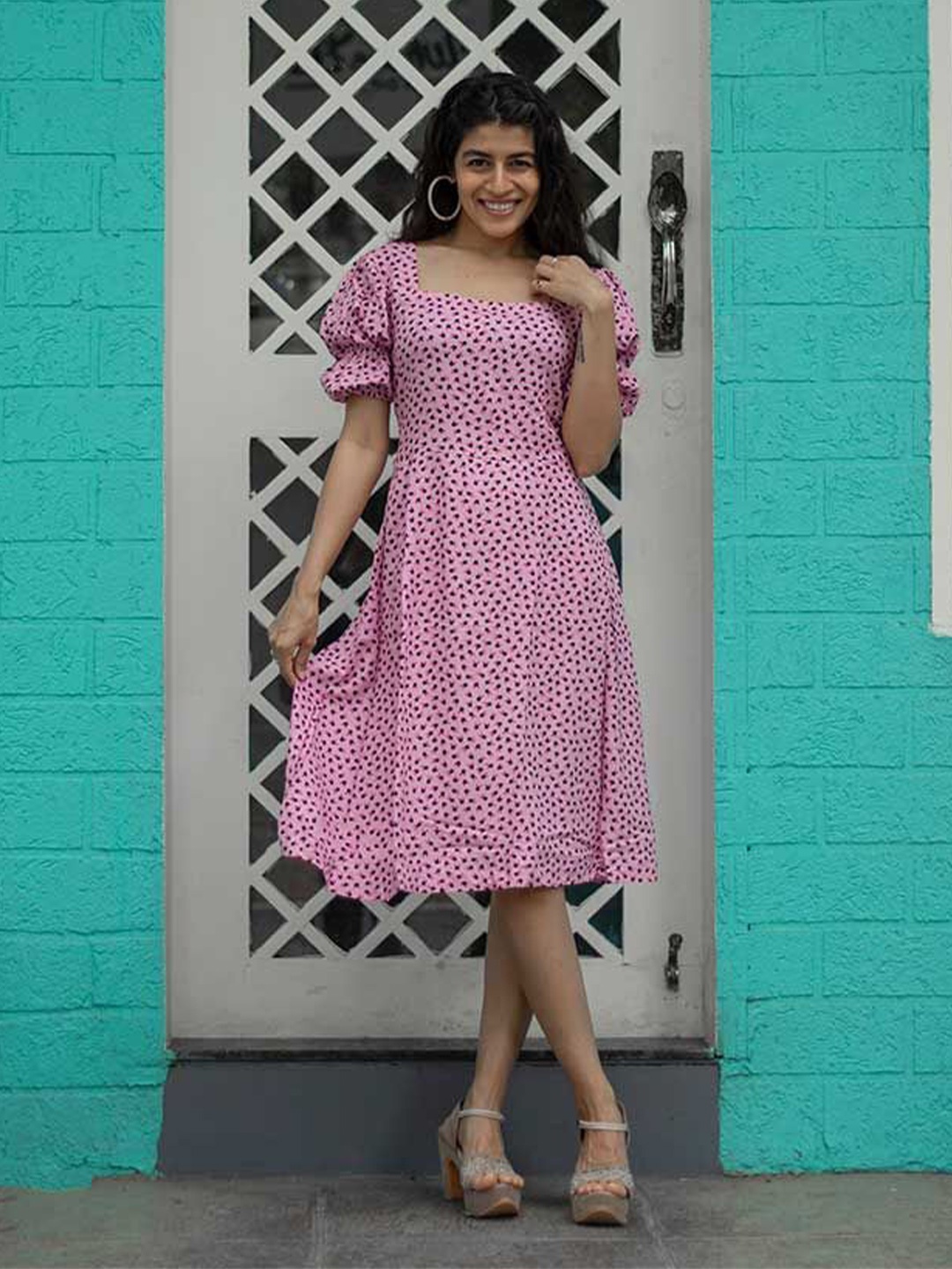 

Kmistry Women Printed Puff Sleeves Fit & Flare Dress, Pink