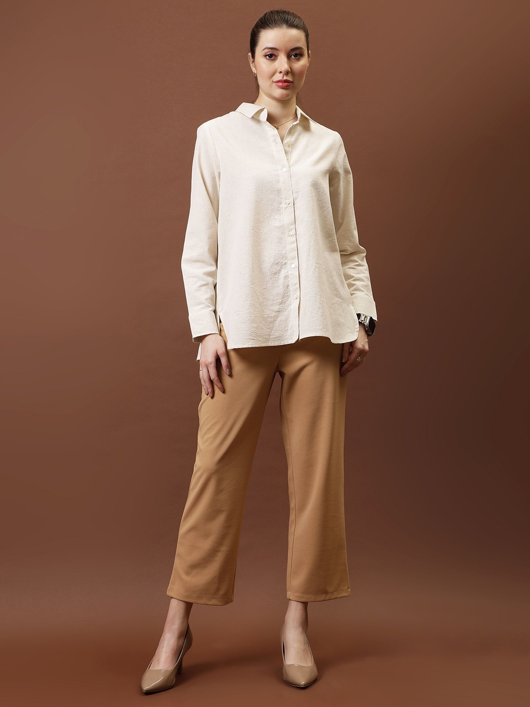 

Athena Immutable Women Relaxed Fit Mandarin Collar Solid Cotton Casual Shirt, Off white