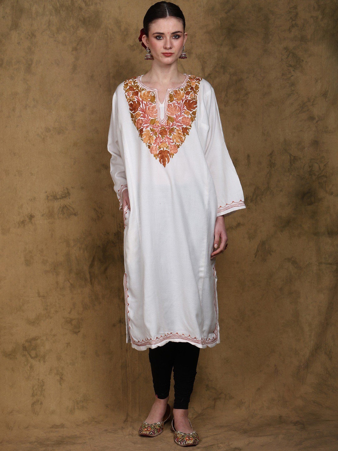 

Exotic India Floral Embroidered Aari Work Kashmiri Woollen Kurta, White