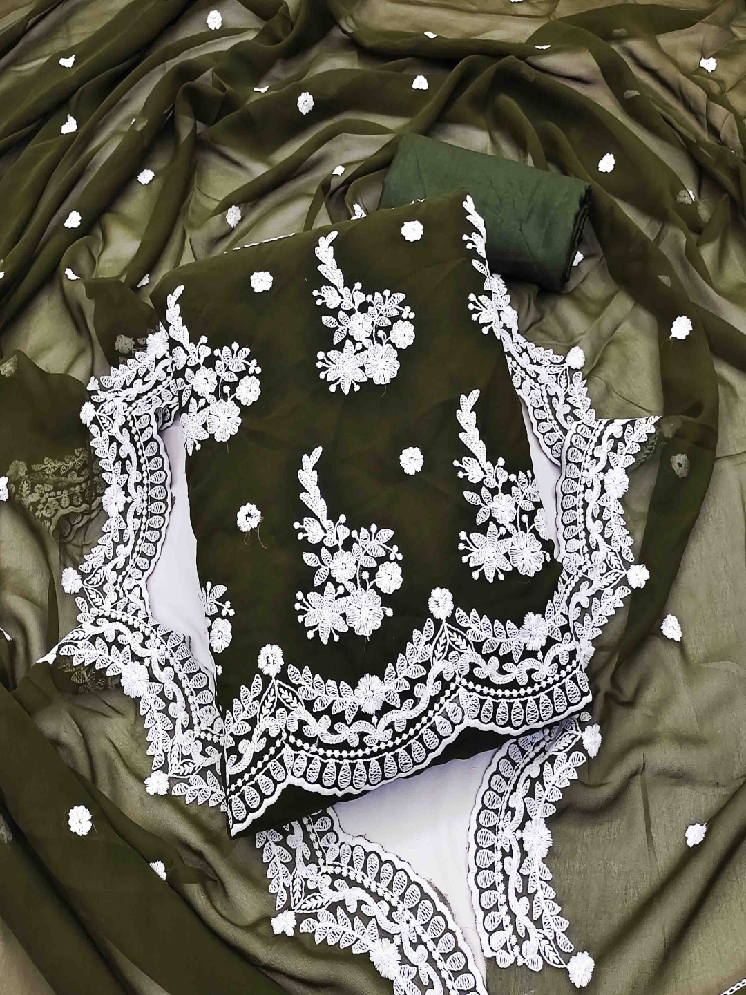 

Blissta Floral Embroidered Unstitched Dress Material, Olive