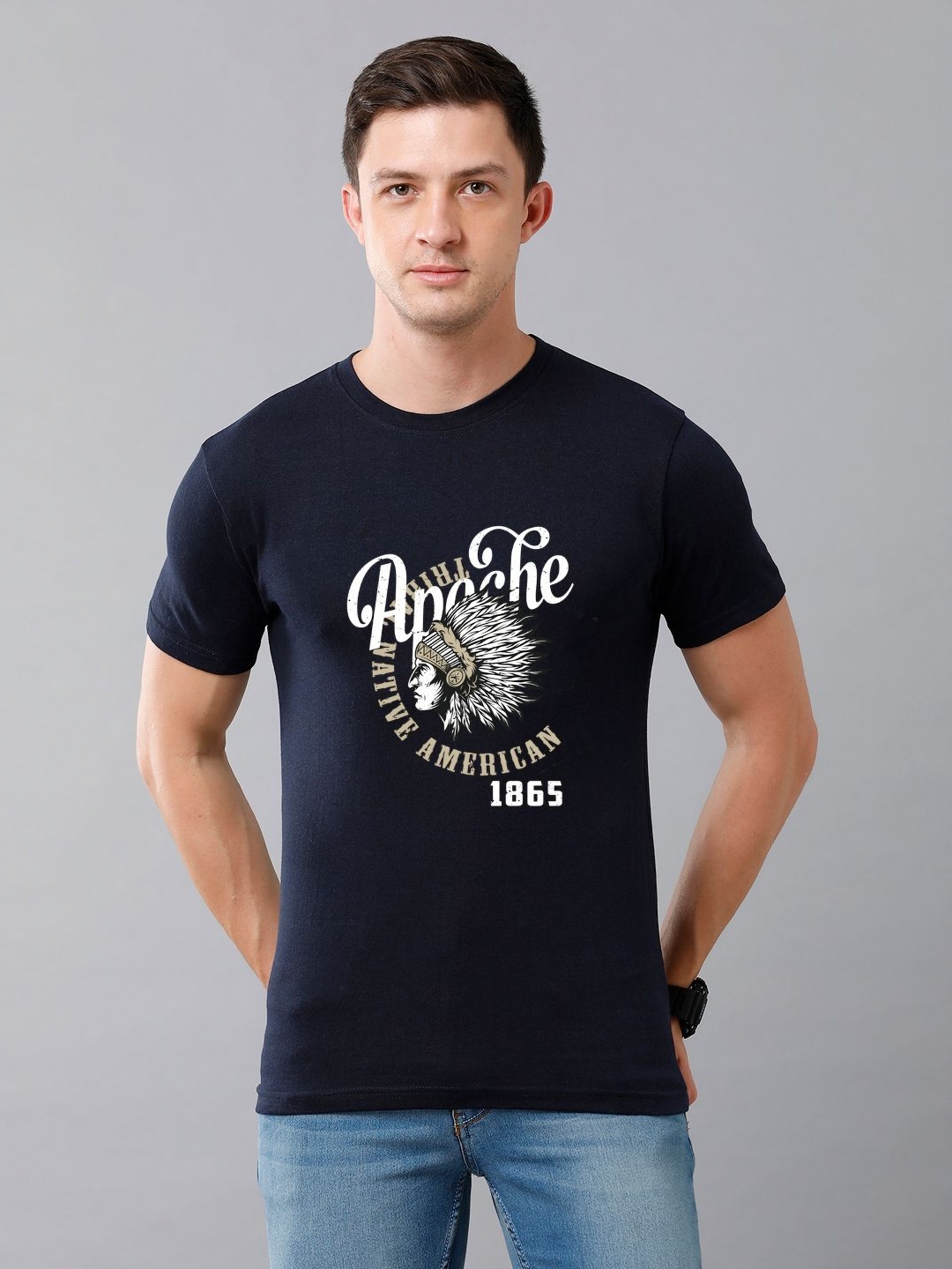 

Moda Rapido Men Typography Printed Round Neck Cotton T-shirt, Navy blue