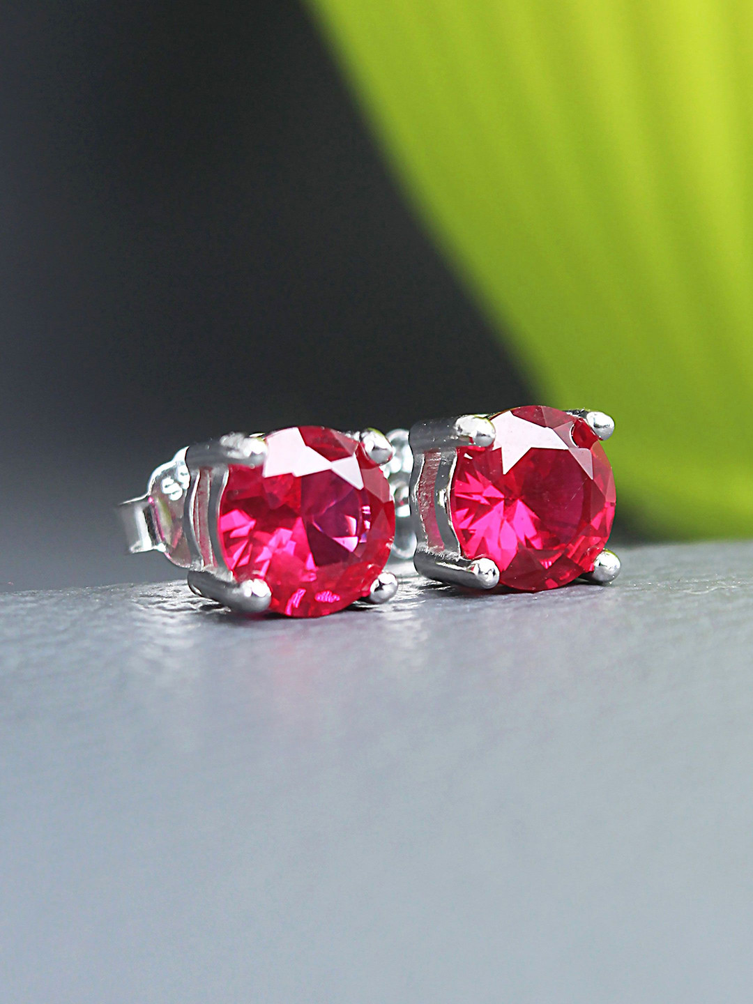 

DEVASHREE 925 Silver Rhodium-Plated Ruby Cubic Zirconia Studded Circular Shaped Studs, Red