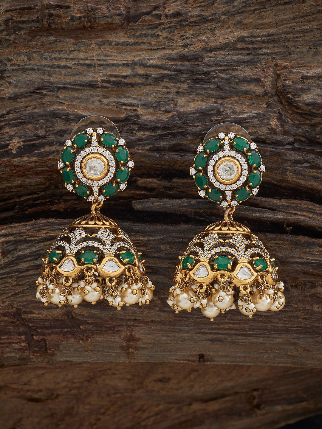 

Kushal's Fashion Jewellery Victorian-Plated Kundan Studded Dome Shaped Jhumkas Earrings, Green