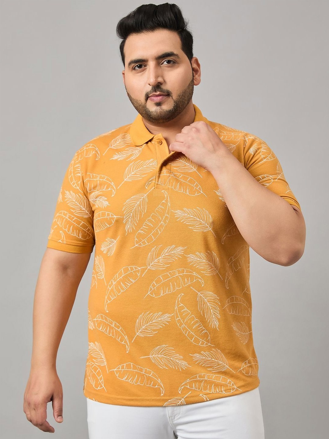 

MXN Men Plus Size Floral Printed Polo Collar Cotton T-shirt, Mustard