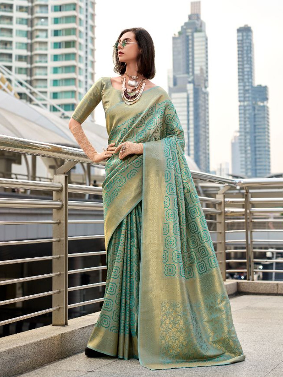 

NK Textiles Woven Design Zari Pure Silk Dharmavaram Saree, Teal