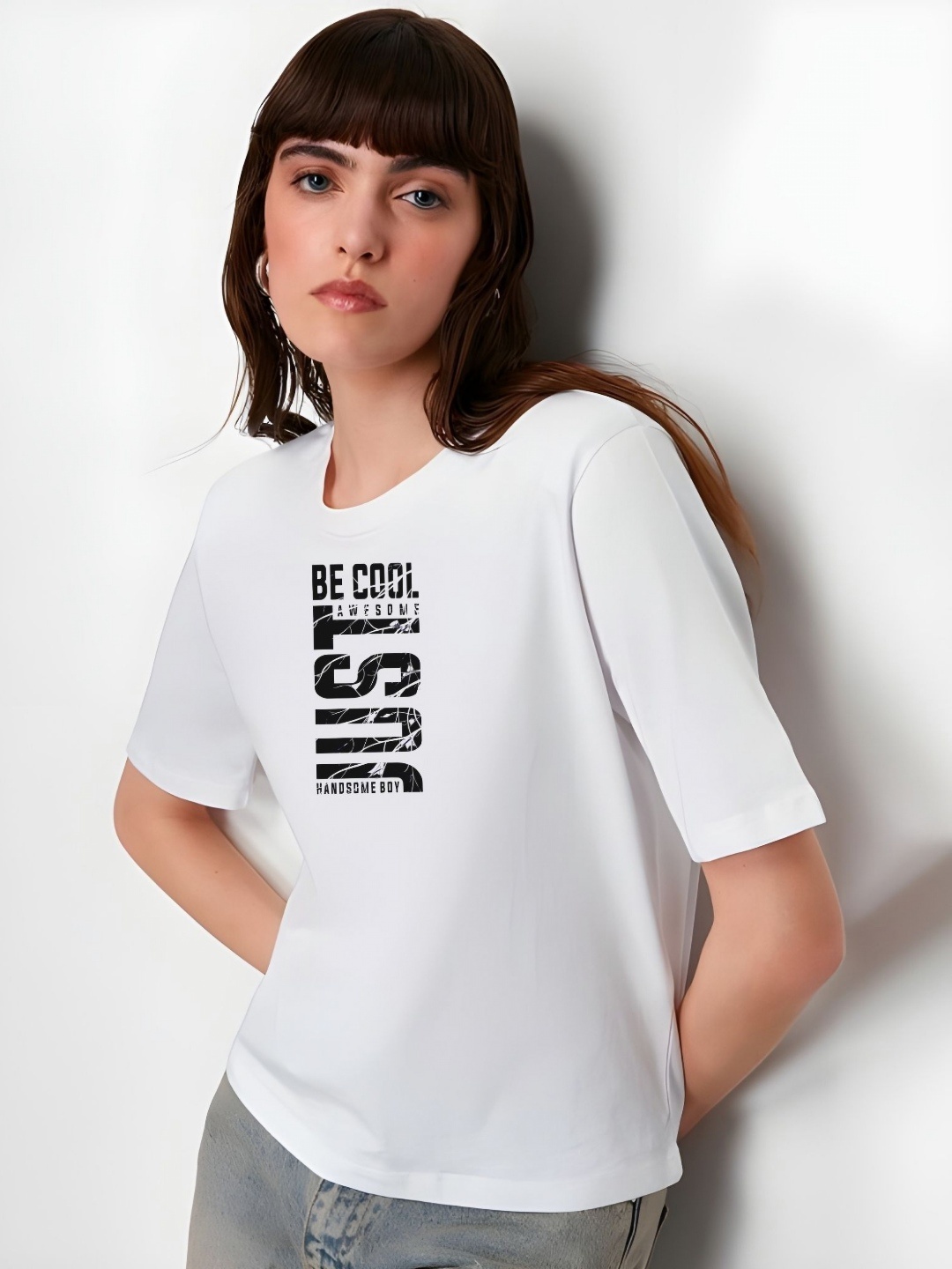 

TRENDSATTIRE Women Typography Printed Round Neck Cotton T-shirt, White