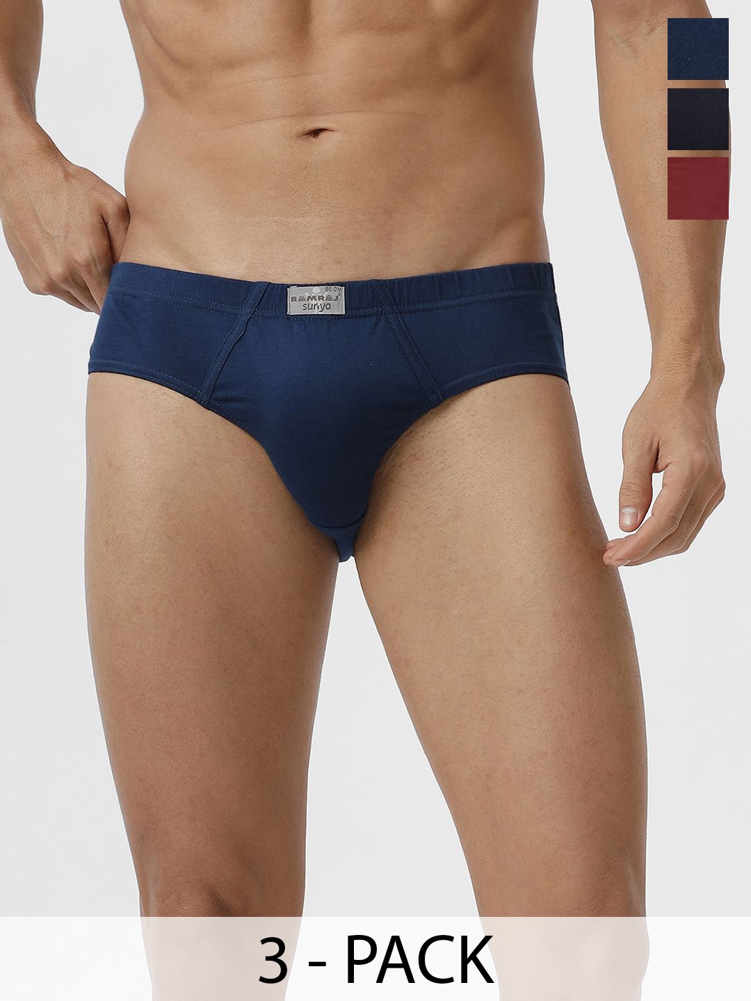 

Ramraj Men Pack of 3 Solid Cotton Inner Elastic Briefs SURYIE_NYBLBKCY, Blue