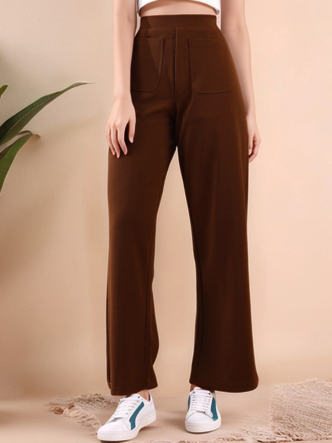 

Mast & Harbour Women High-Rise Easy Wash Trousers, Coffee brown