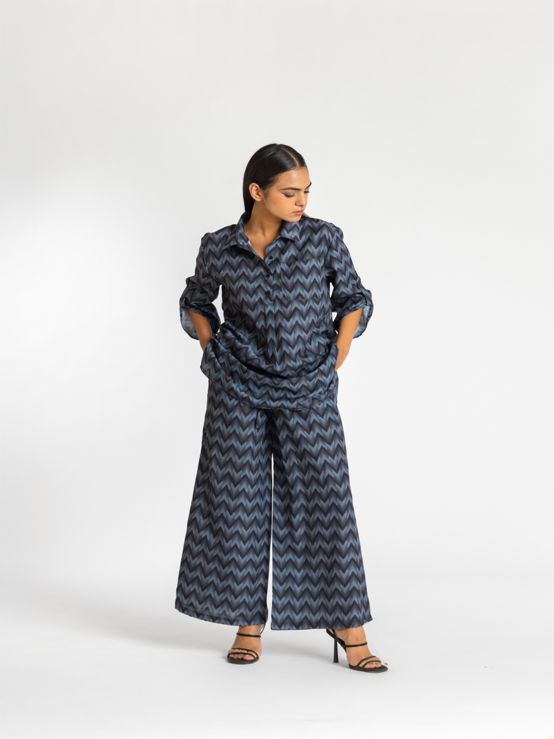 

Past Modern Chevron Printed Shirt Collar Tunic With Trousers, Blue