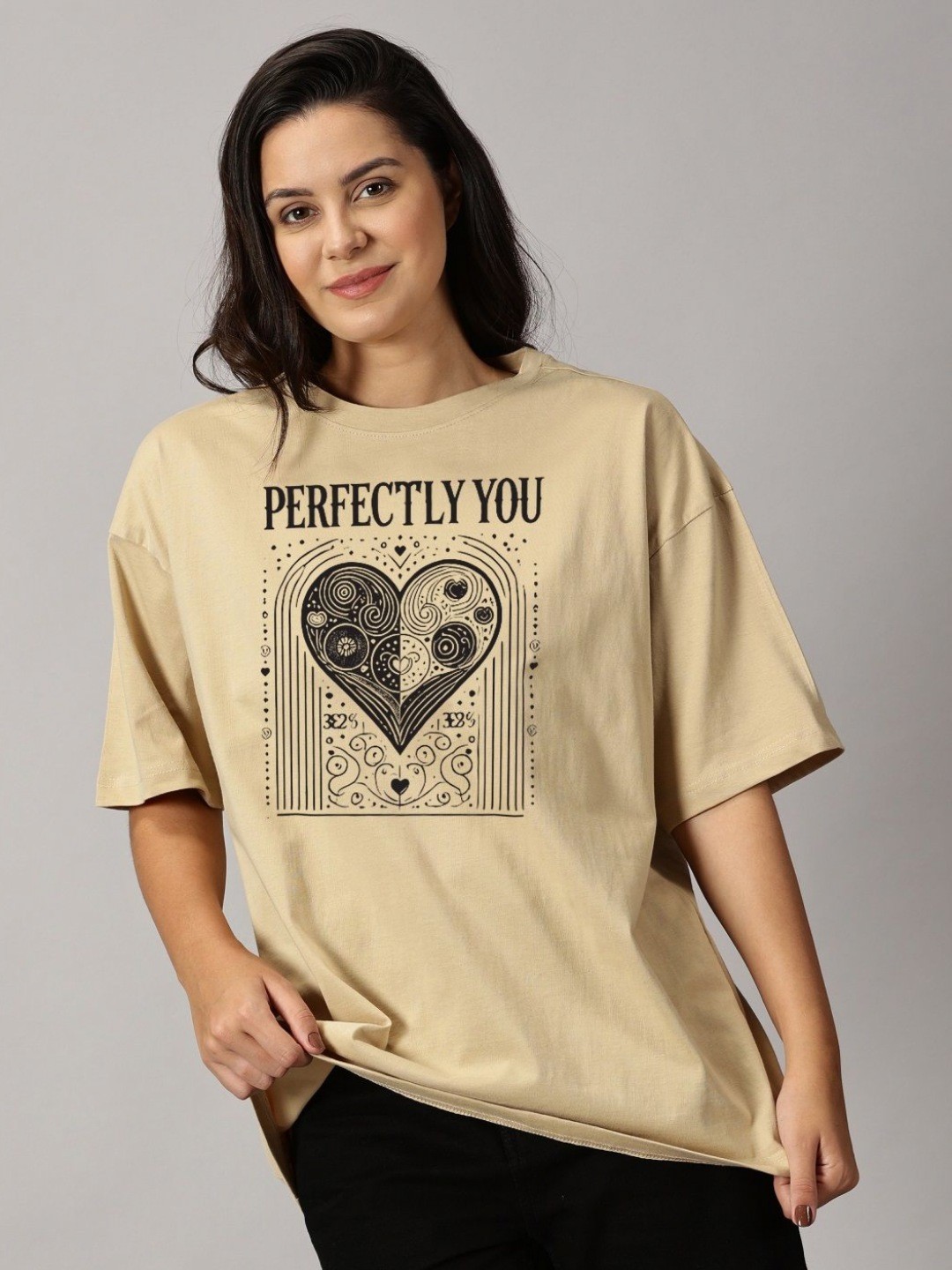 

THE HOLLANDER Women Typography Printed Round Neck Cotton Oversized T-shirt, Beige