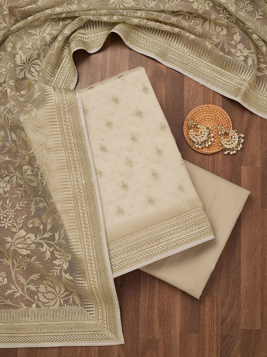 

Koskii Ethnic Motifs Embroidered Beads and Stones Tissue Unstitched Salwar Suit, White
