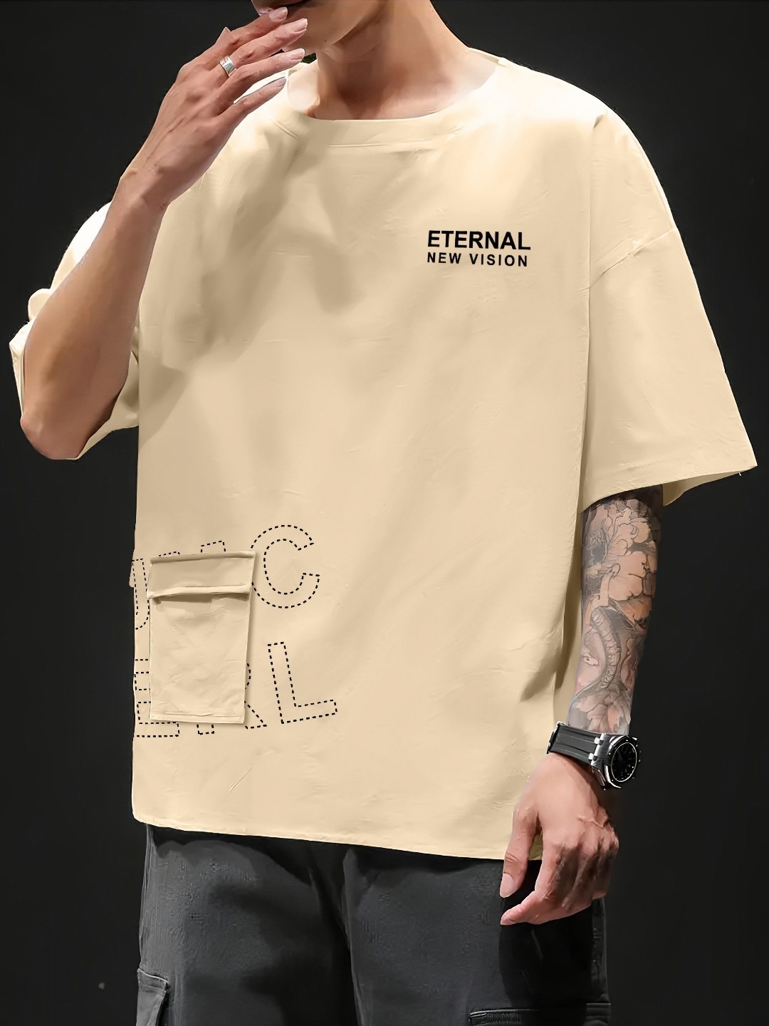 

JUMPCUTS Men Self Design Round Neck Cotton T-shirt, Beige