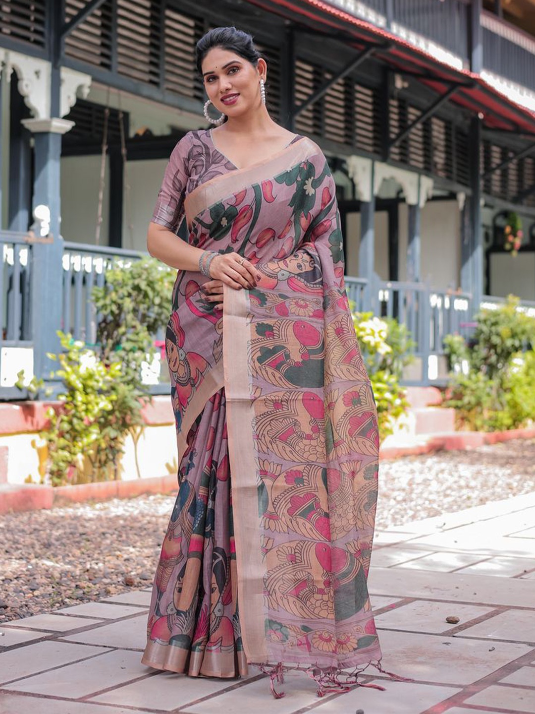

ALMAARI FASHION Floral Pure Linen Banarasi Saree, Peach