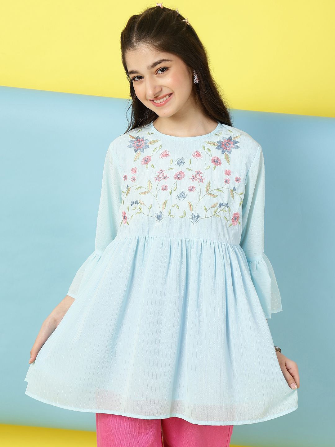 

Ishti Girls Floral Embroidered Bell Sleeves Top, Blue