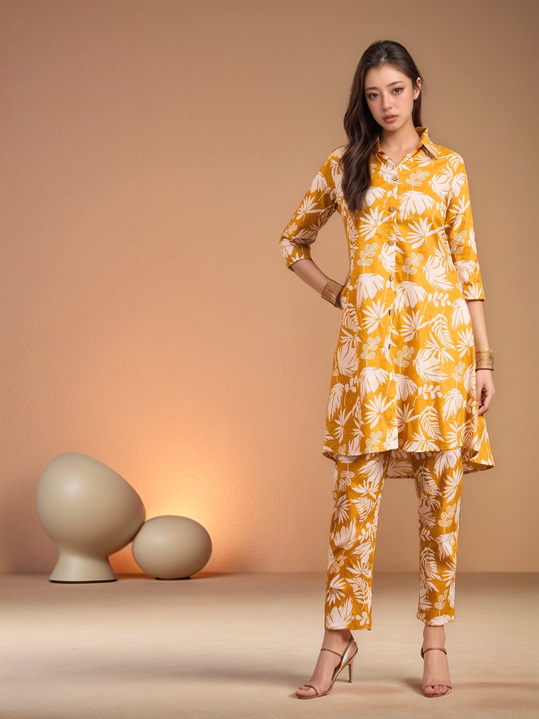 

ANEKYA Floral Printed Shirt Collar Pure Cotton Tunic With Trousers, Mustard
