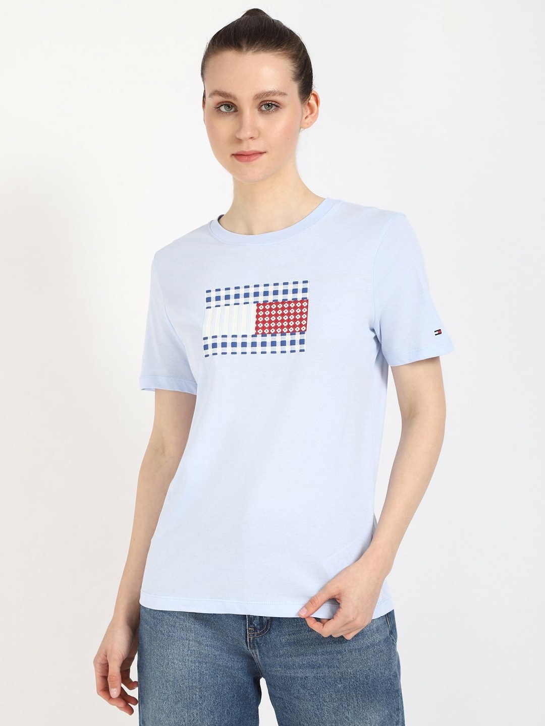 

Tommy Hilfiger Women Graphic Printed Round Neck Cotton T-shirt, Blue
