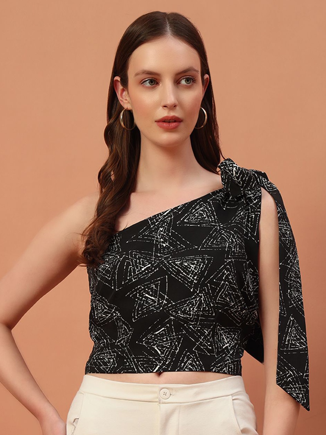 

Rudraaksha Creations Print One Shoulder Crepe Crop Top, Black