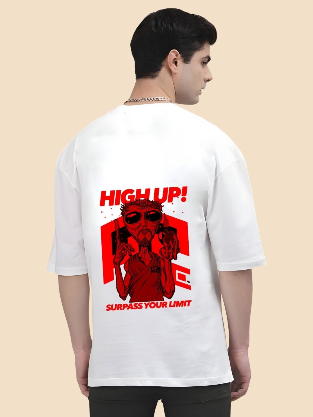 

SZN Men Graphic Printed Round Neck Cotton Oversized T-shirt, White