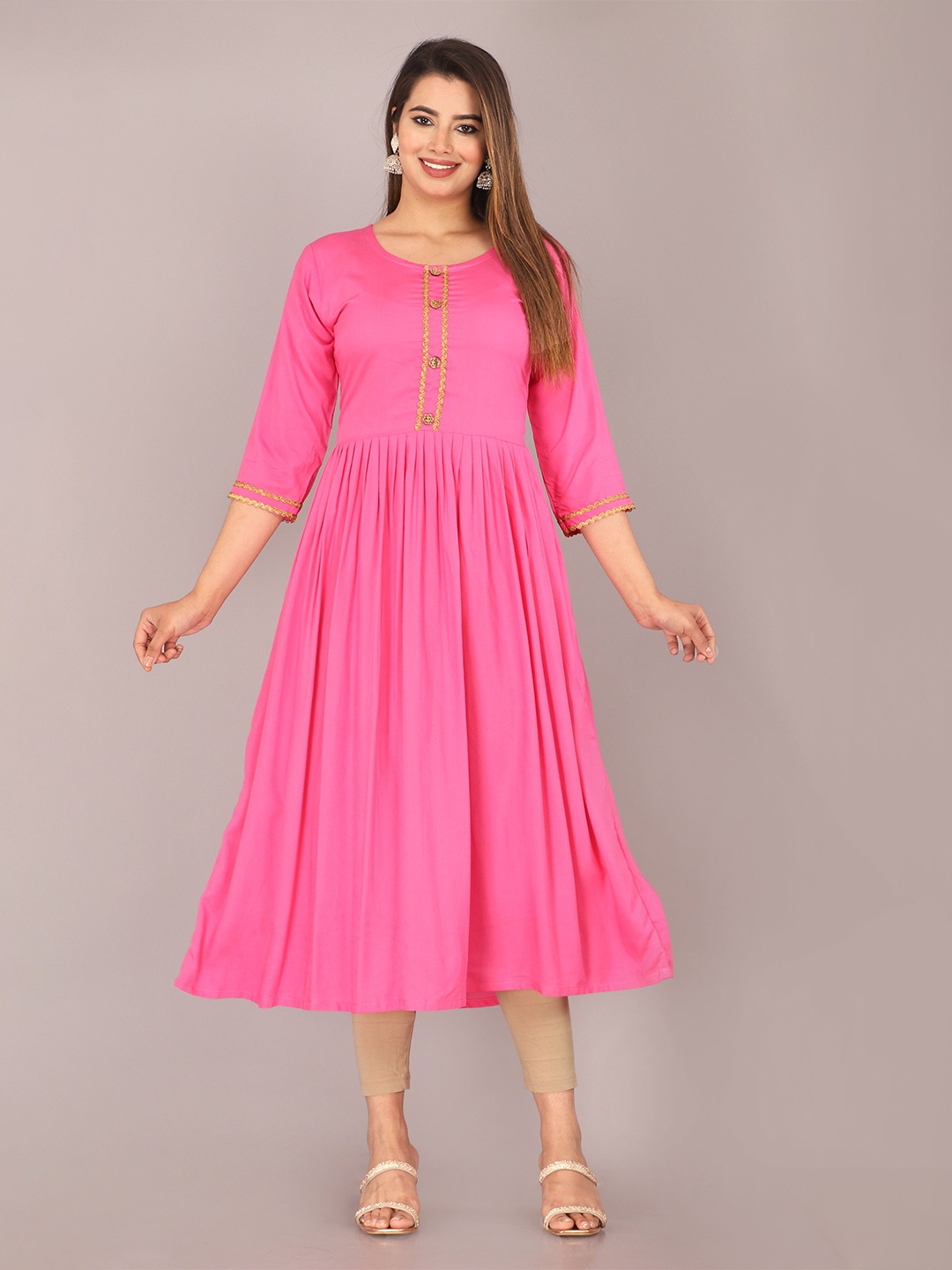 

Mahiras Comfort Pleated Round Neck Anarkali Kurta, Pink