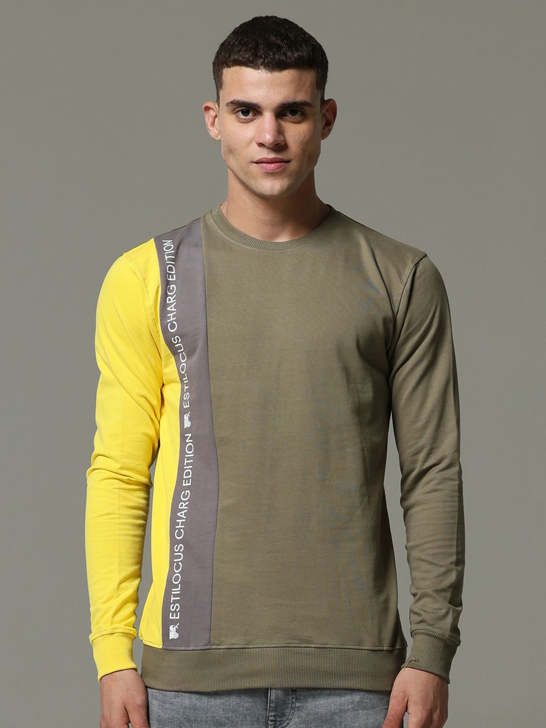 

Estilocus Men Colourblocked Round Neck Pullover Cotton Sweatshirt, Olive