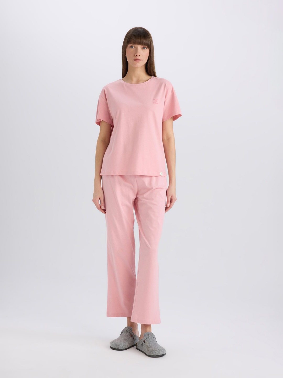 

DeFacto Round Neck Pure Cotton T-shirt With Pyjama Night Suit, Pink