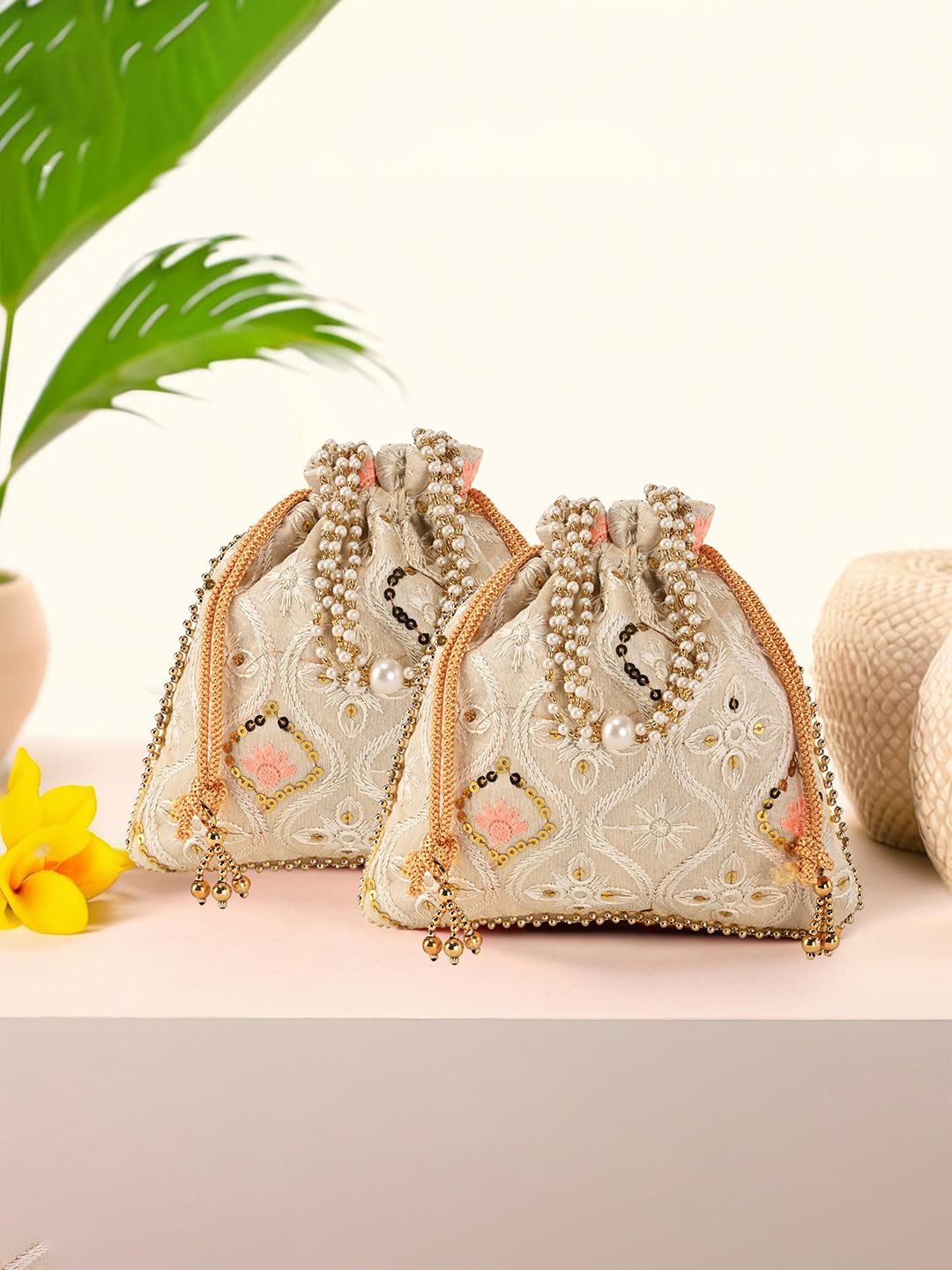 

Kuber Industries Unisex Set Of 2 Embroidered Potli Clutches With Pearl Handles, Cream