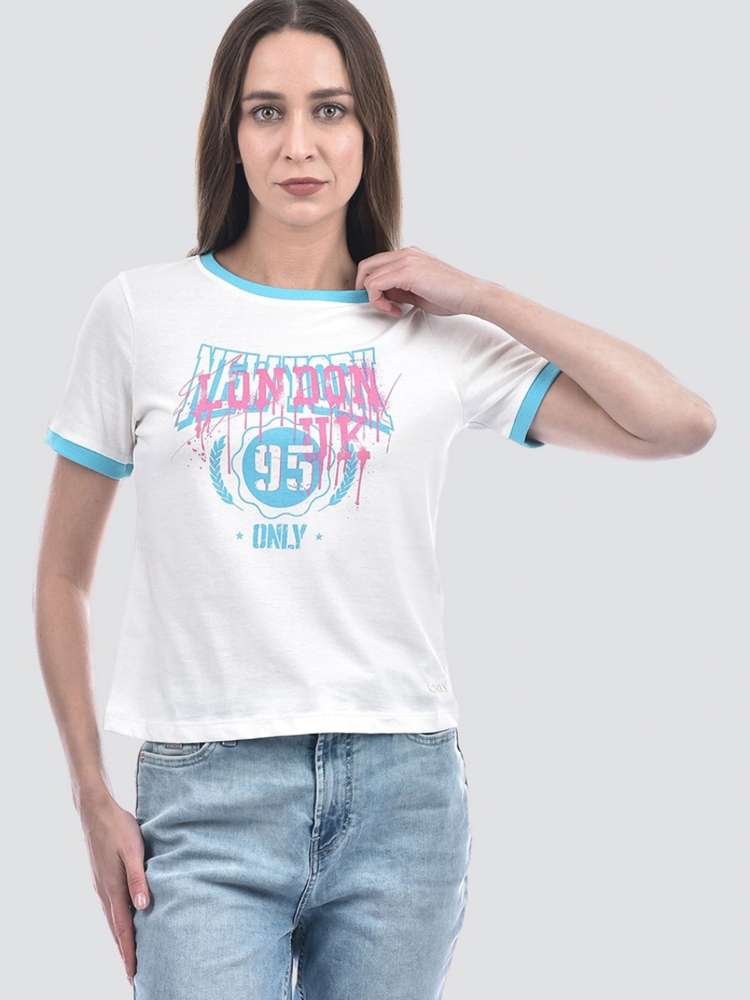 

ONLY Women Typography Printed Round Neck Cotton T-shirt, White