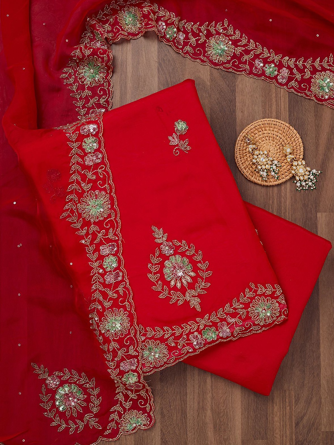 

Koskii Floral Embroidered Stonework Tissue Unstitched Dress Material, Red