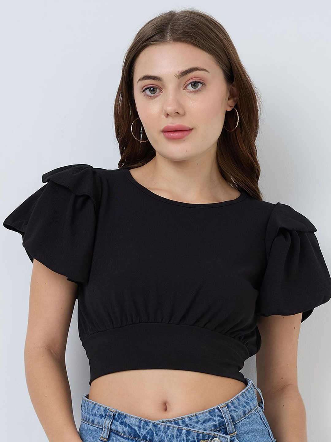 

SZN Women Flared Sleeves Cinched Waist Crop Top, Black