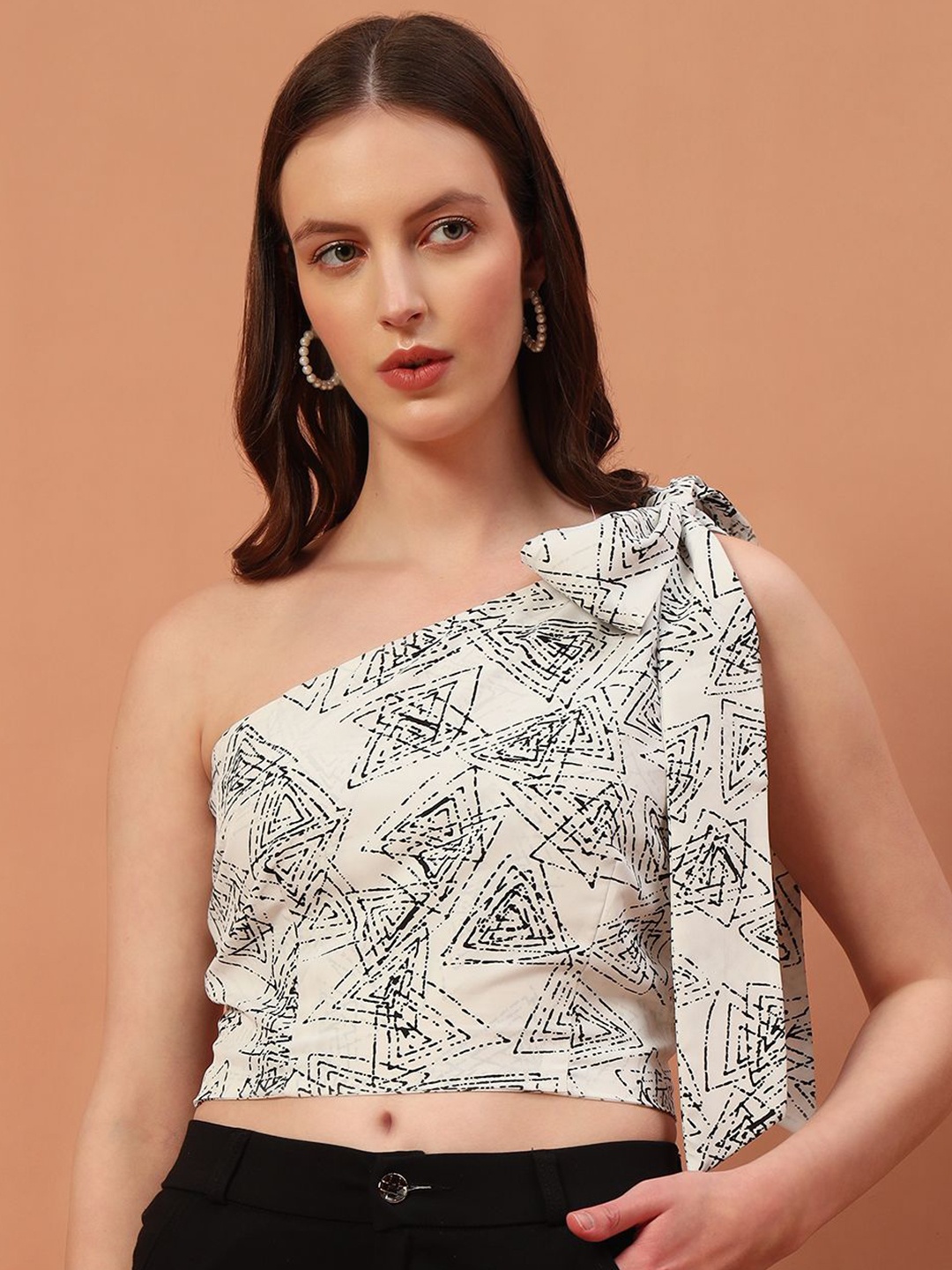 

Rudraaksha Creations Printed One Shoulder Bow Crepe Crop Top, Off white