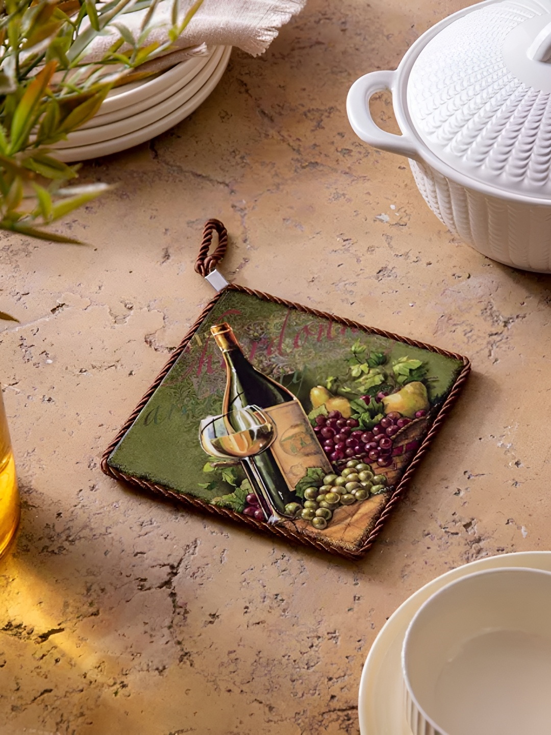 

THEDECORKART Green & Yellow Printed Square Ceramic Coasters