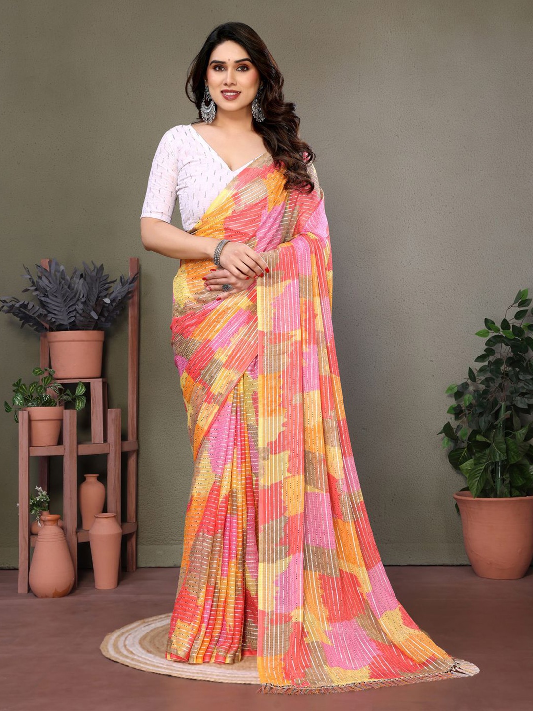 

DIVASTRI Pure Georgette Block Print Saree, Orange